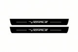 Catalogue illustration of two front black Matte PRO LED door sill plates with illuminated Vignale lettering for Ford Mondeo Estate CD391; dimensions are selected during manufacture.