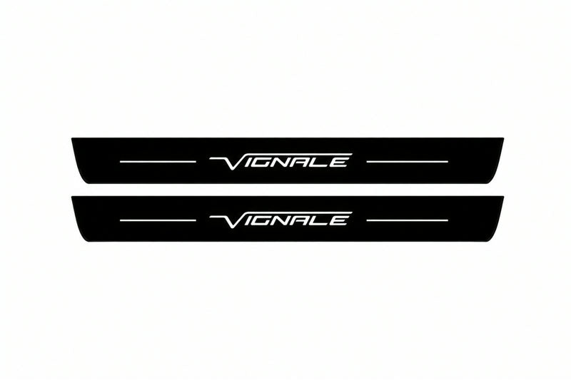Catalogue illustration of two front black Matte PRO LED door sill plates with illuminated Vignale lettering for Ford Mondeo Estate CD391; dimensions are selected during manufacture.