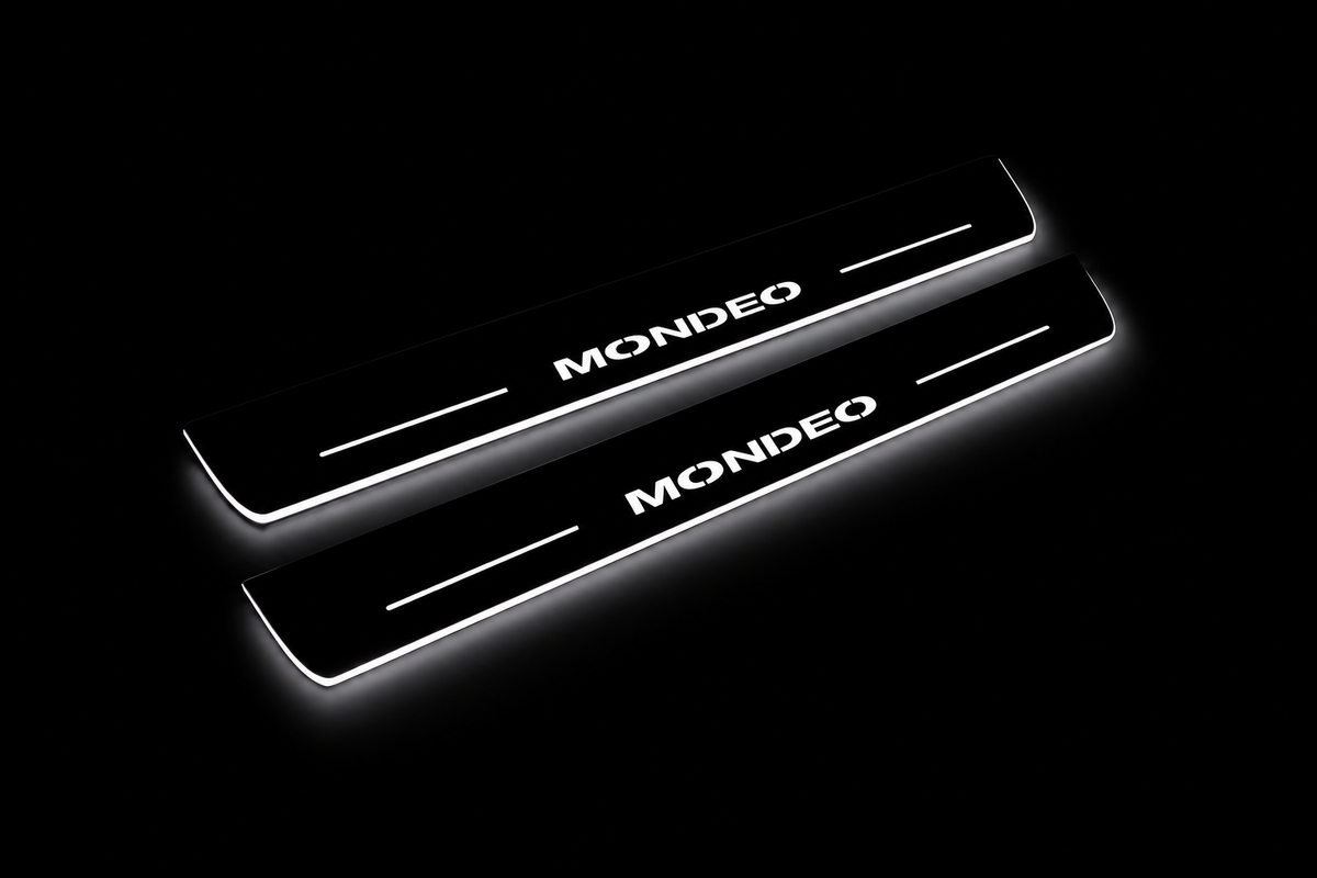 Product visualization: two exact mondeo-iv-diagonal flat Stainless front sill plates with original artwork, neutral white LEDs and own thin-edge geometry flat brushed stainless steel door sill plates with white LED artwork and edges, dark background.