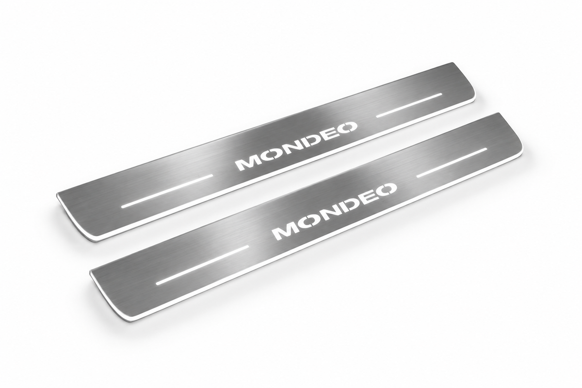 Product visualization: two exact mondeo-iv-diagonal flat Stainless front sill plates with original artwork, neutral white LEDs and own thin-edge geometry flat brushed stainless steel door sill plates with white LED artwork and edges, white background.