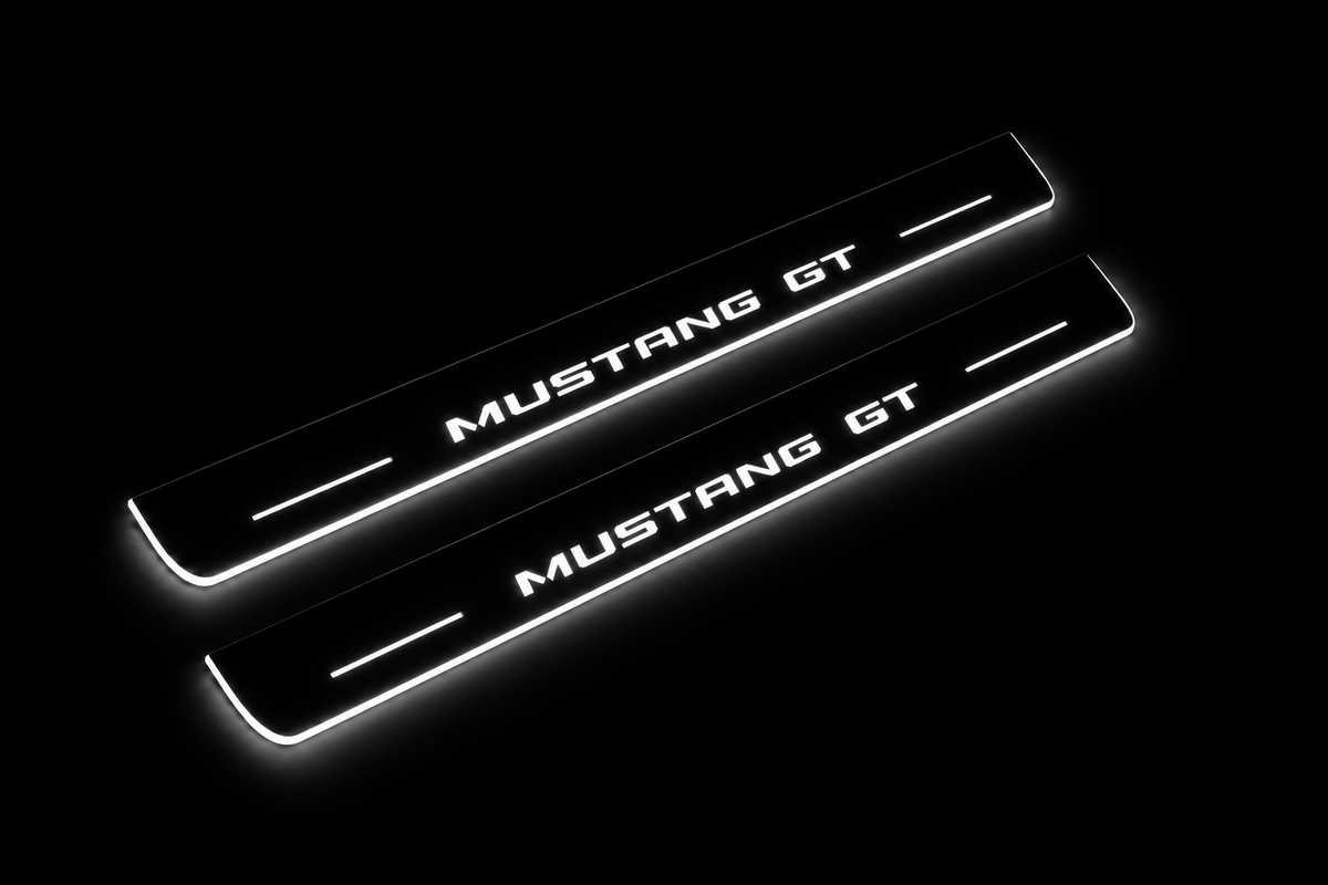 Product visualization: mustang-gt-s550 exact MUSTANG GT source artwork, two flat front plates flat brushed stainless steel door sill plates with white LED artwork and edges, dark background.