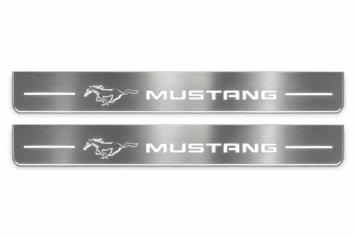 Product visualization: two exact mustang-pony-legacy flat Stainless front sill plates with original artwork, neutral white LEDs and own thin-edge geometry flat brushed stainless steel door sill plates with white LED artwork and edges, white background.