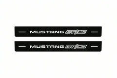 Catalogue illustration of two front black Matte PRO LED door sill plates with illuminated Mustang GT/CS lettering for Ford Mustang S550; dimensions are selected during manufacture.