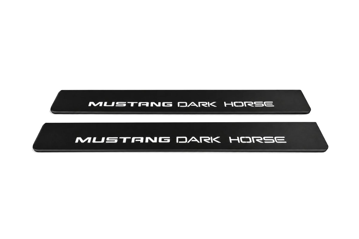 Catalog illustration of two front black Matte PRO LED door sill plates with illuminated Mustang Dark Horse lettering for Ford Mustang S650.