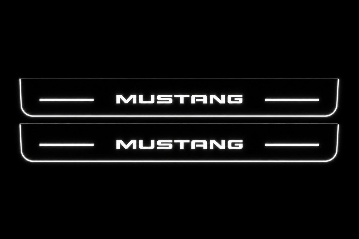 Product visualization: two flat mustang-simple-bars Stainless front plates with original source lettering and white LED zones flat brushed stainless steel door sill plates with white LED artwork and edges, dark background.