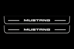 Product visualization: two flat mustang-simple-bars Stainless front plates with original source lettering and white LED zones flat brushed stainless steel door sill plates with white LED artwork and edges, dark background.
