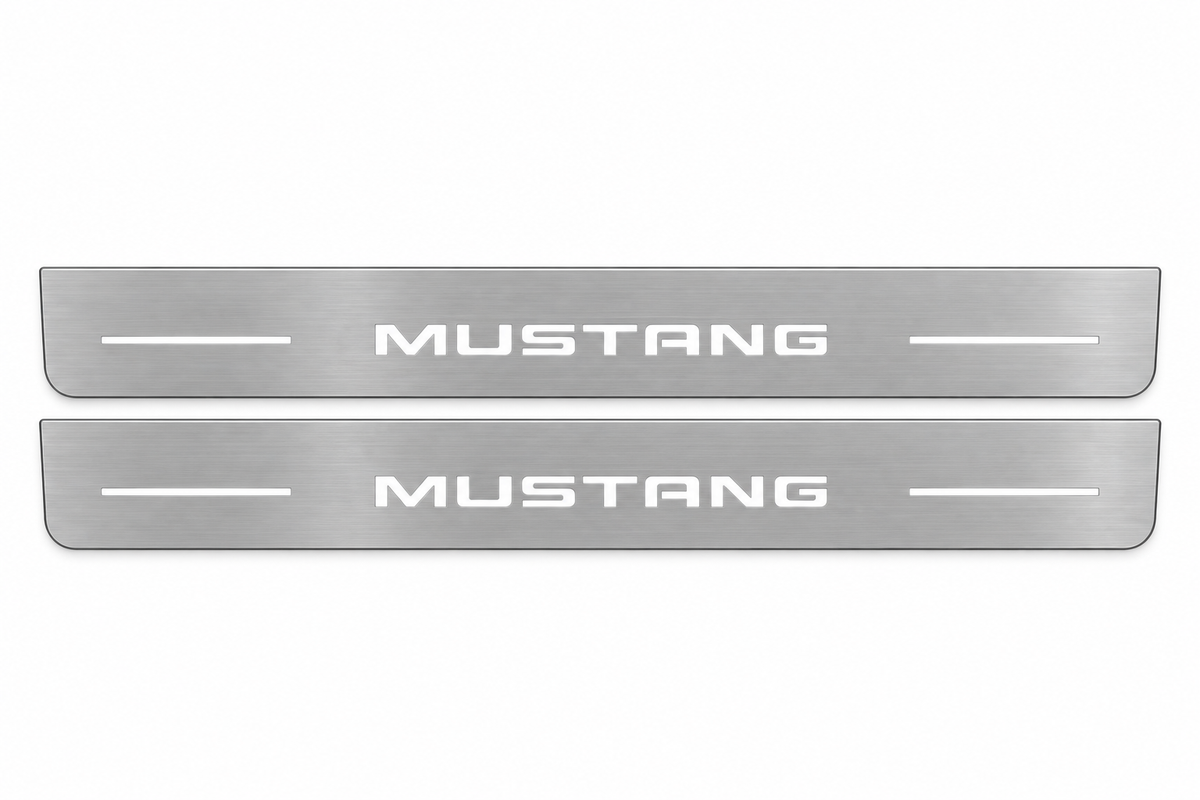 Product visualization: two flat mustang-simple-bars Stainless front plates with original source lettering and white LED zones flat brushed stainless steel door sill plates with white LED artwork and edges, white background.
