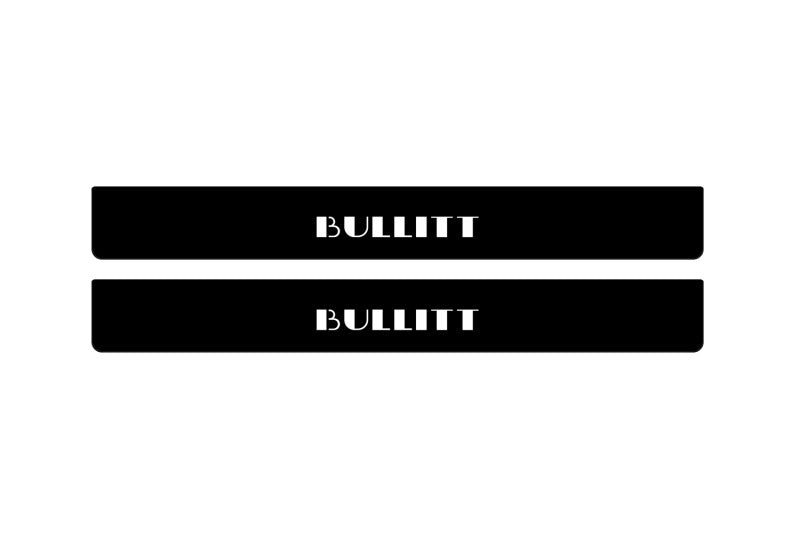 Catalog illustration of two black front door sill plates with Bullitt lettering.