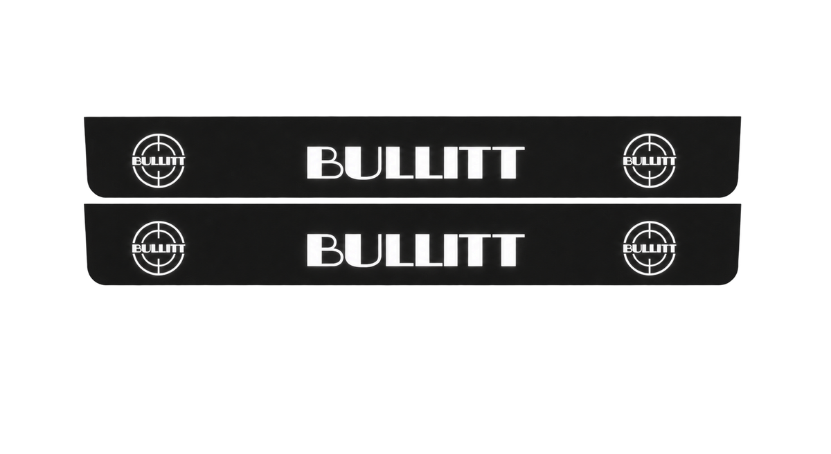 Catalogue illustration showing 2 black Matte PRO LED door sill plates with white Bullitt Large Targets lettering for Ford Mustang V S197; dimensions are selected during manufacture.