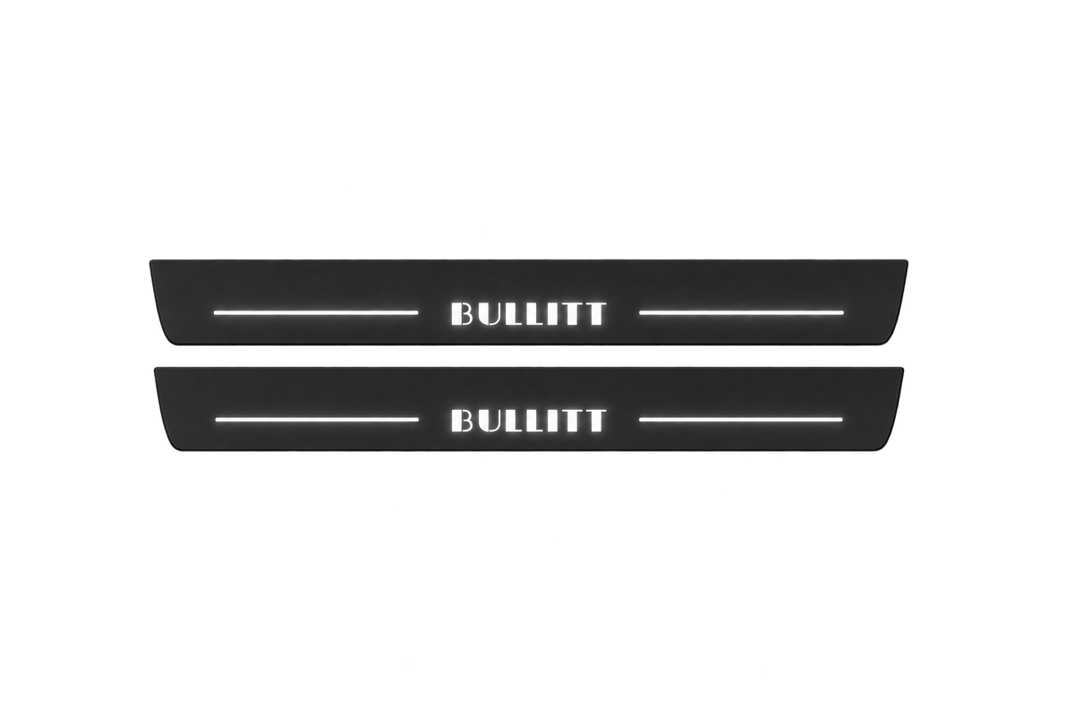 Ford Mustang V S197 BULLITT Matte PRO LED door sills, FRONT two-piece illustration, matte black with white illumination