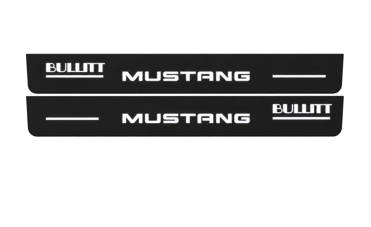 Catalogue illustration showing 2 black Matte PRO LED door sill plates with white Bullitt Mustang Offset lettering for Ford Mustang V S197; dimensions are selected during manufacture.