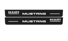 Catalogue illustration showing 2 black Matte PRO LED door sill plates with white Bullitt Mustang Offset lettering for Ford Mustang V S197; dimensions are selected during manufacture.