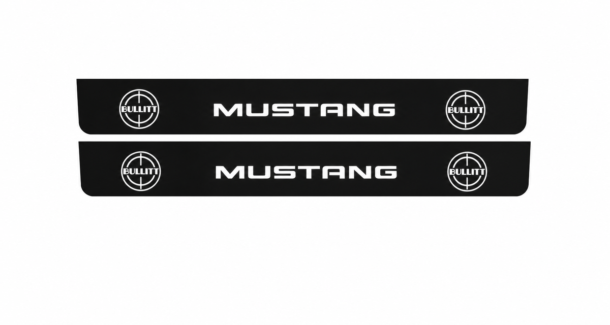 Catalogue illustration showing 2 black Matte PRO LED door sill plates with white Bullitt Mustang Targets lettering for Ford Mustang V S197; dimensions are selected during manufacture.