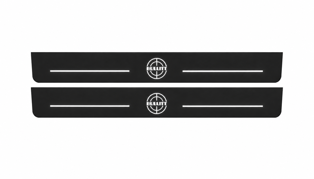 Catalogue illustration showing 2 black Matte PRO LED door sill plates with white Bullitt Target Lines lettering for Ford Mustang V S197; dimensions are selected during manufacture.