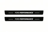 Catalogue illustration of two front black Matte PRO LED door sill plates with illuminated Ford Performance lettering for Ford Mustang VI S550; dimensions are selected during manufacture.