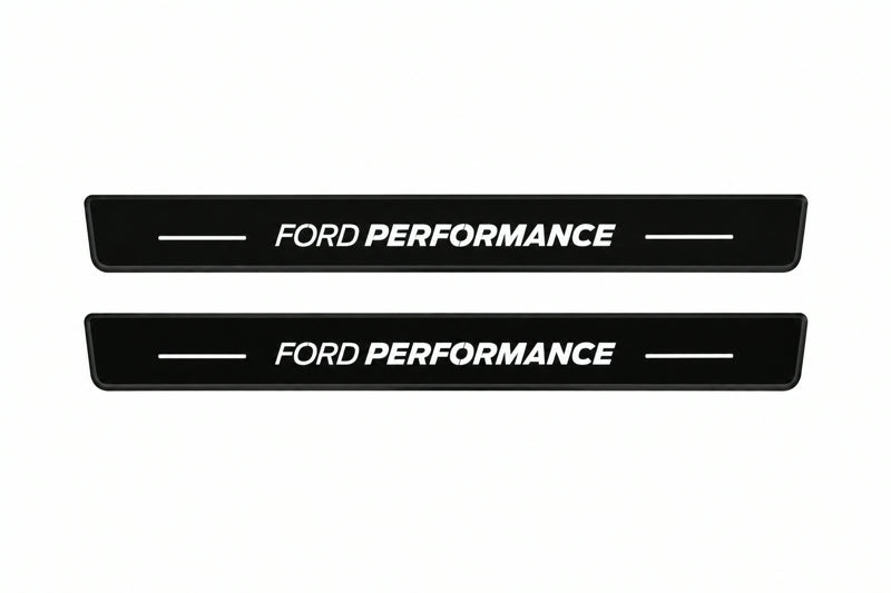 Catalogue illustration of two front black Matte PRO LED door sill plates with illuminated Ford Performance lettering for Ford Mustang VI S550; dimensions are selected during manufacture.