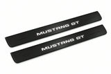 Catalogue illustration of two front black Matte PRO LED door sill plates with illuminated Mustang GT lettering for Ford Mustang VI S550; dimensions are selected during manufacture.