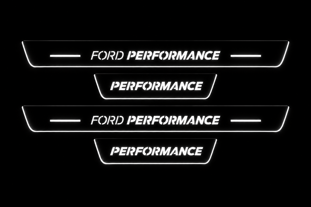Product visualization: four flat Ford Performance front plates and Performance rear plates, original typography and bars. Black night background, unlit stainless face nearly hidden, white illuminated artwork, bars and real side/end edges with soft glow.