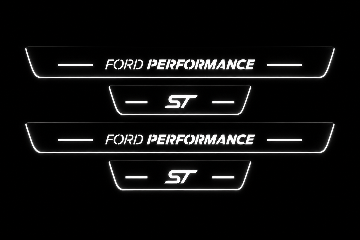 Product visualization: four flat Ford Performance front plates and ST rear plates, original typography and bars. Black night background, unlit stainless face nearly hidden, white illuminated artwork, bars and real side/end edges with soft glow.
