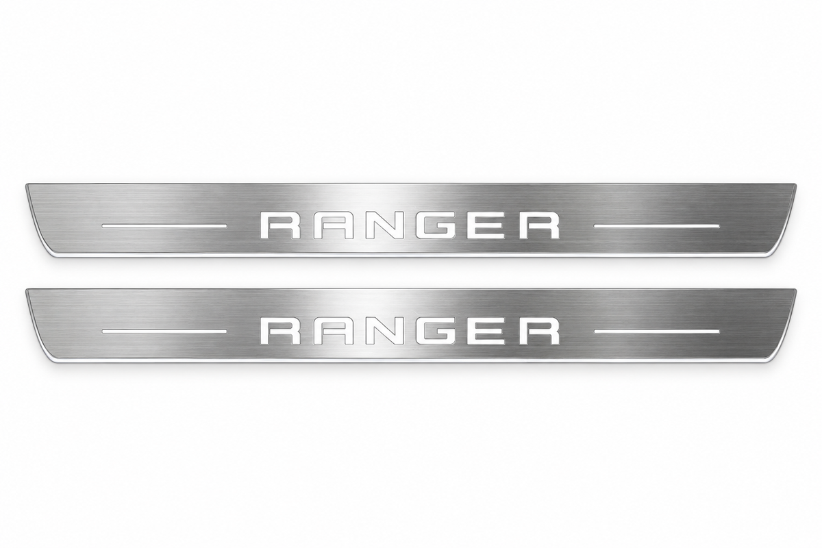 Product visualization: two flat front plates with original RANGER squared block lettering and side bars flat brushed stainless steel door sill plates with white LED artwork and edges, white background.