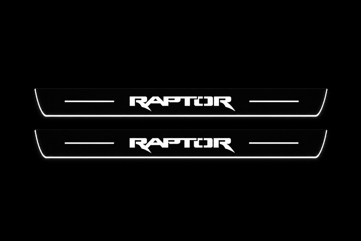 Product visualization: two flat Stainless front plates with exact RAPTOR angular logo and side bars flat brushed stainless steel door sill plates with white LED artwork and edges, dark background.
