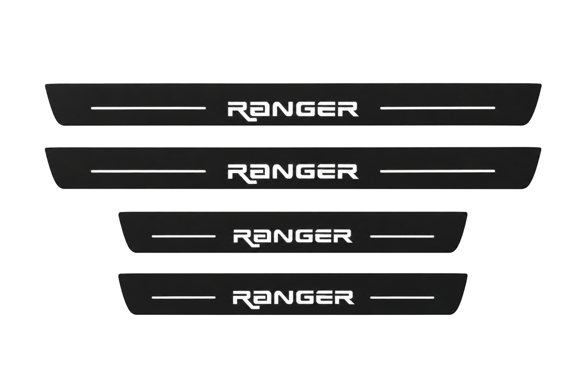 Catalog illustration of two front and two rear black Matte PRO door sill plates with CUSTOM RANGER lettering and horizontal lines illuminated on top; opaque unlit side edges. Final dimensions selected for Ford Ranger T6 during manufacture.