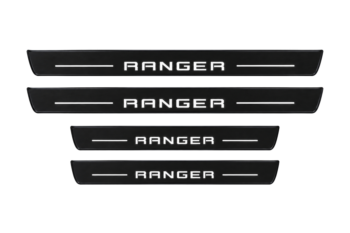 Catalog illustration of two front and two rear black Matte PRO door sill plates with RANGER lettering and horizontal lines illuminated on top; opaque unlit side edges. Final dimensions selected for Ford Ranger T6 during manufacture.