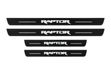 Catalog illustration of two front and two rear black Matte PRO door sill plates with RAPTOR lettering and horizontal lines illuminated on top; opaque unlit side edges. Final dimensions selected for Ford Ranger T6 during manufacture.