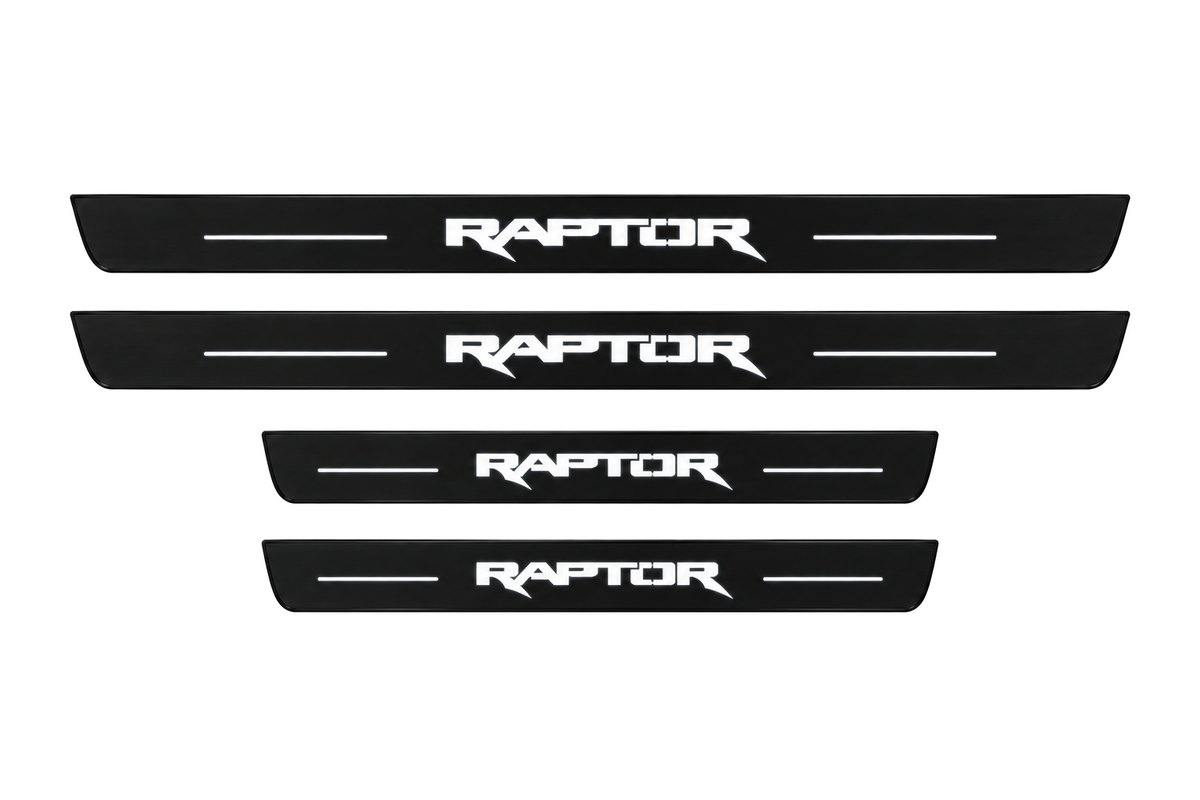 Catalog illustration of two front and two rear black Matte PRO door sill plates with RAPTOR lettering and horizontal lines illuminated on top; opaque unlit side edges. Final dimensions selected for Ford Ranger T6 during manufacture.