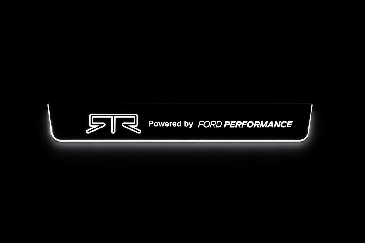 Product visualization: RTR Powered by Ford Performance, single plate as exact source flat brushed stainless steel door sill plates with white LED artwork and edges, dark background.