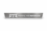 Product visualization: RTR Powered by Ford Performance, single plate as exact source flat brushed stainless steel door sill plates with white LED artwork and edges, white background.