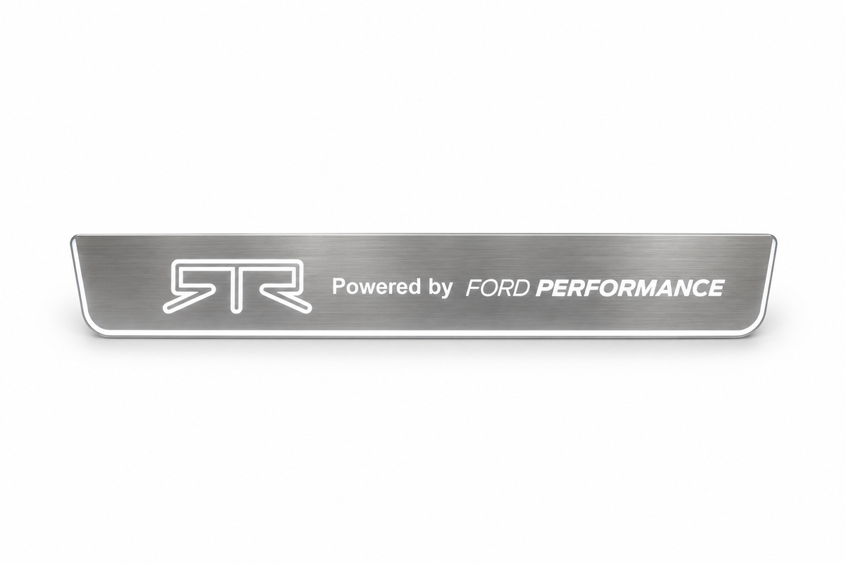 Product visualization: RTR Powered by Ford Performance, single plate as exact source flat brushed stainless steel door sill plates with white LED artwork and edges, white background.