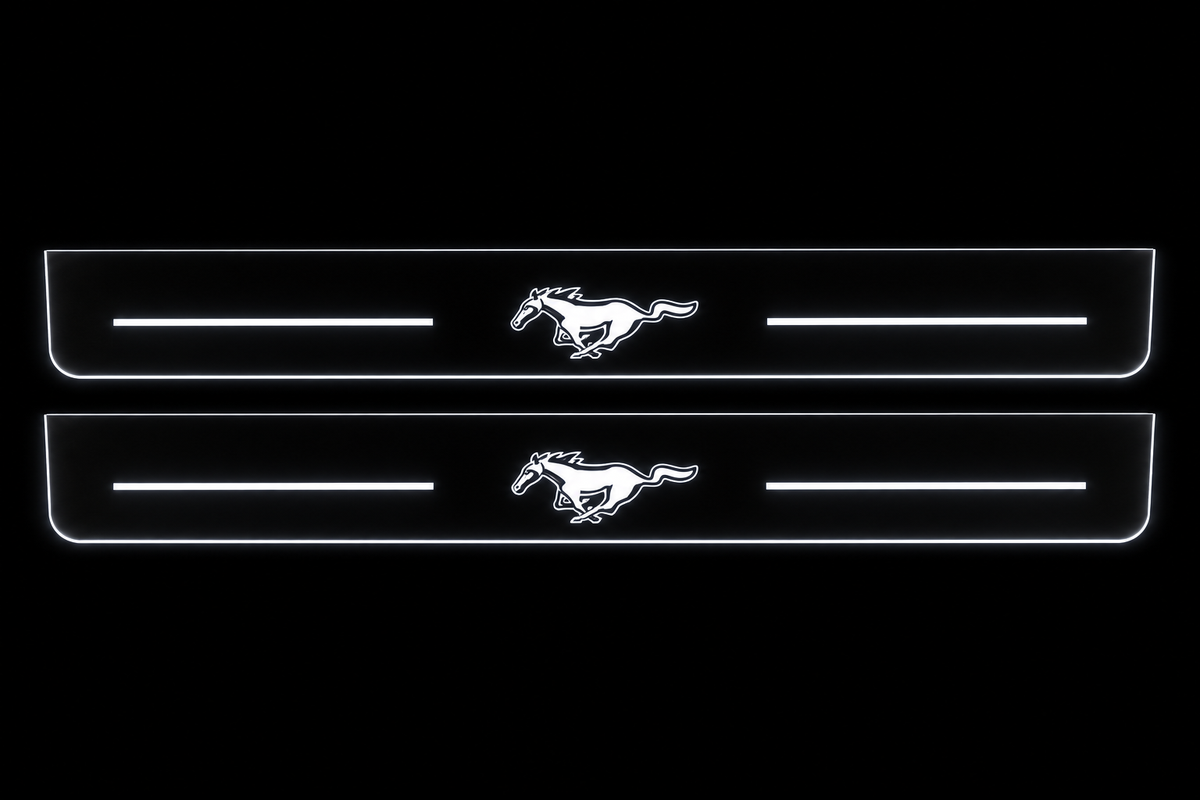 Product visualization: two exact Running Horse plates with bars; hidden metal night main flat brushed stainless steel door sill plates with white LED artwork and edges, dark background.