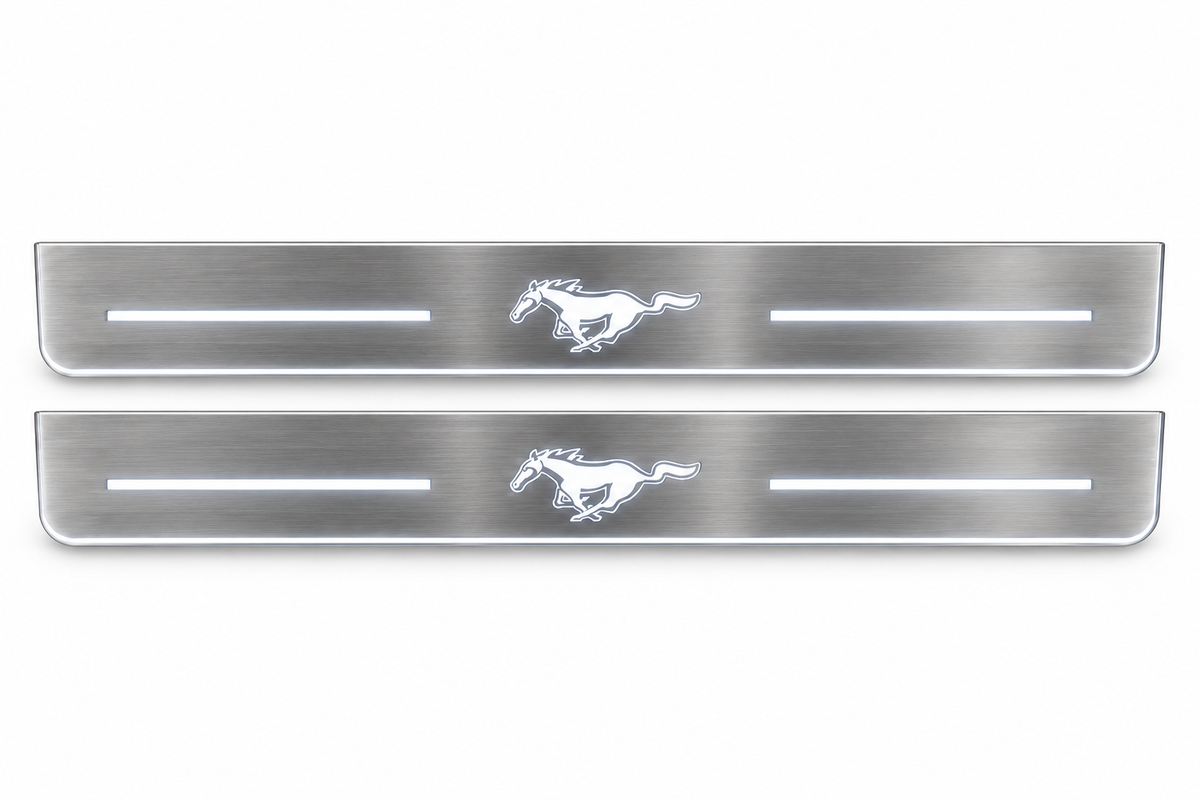 Product visualization: two exact Running Horse plates with bars; hidden metal night main flat brushed stainless steel door sill plates with white LED artwork and edges, white background.