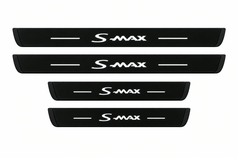 Catalog illustration of two front and two rear black Matte PRO LED door sill plates with illuminated S-Max lettering for Ford S-Max MPV CD539.