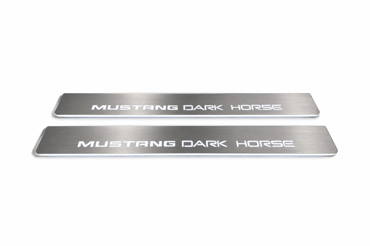 Product visualization: two exact original s650-dark-horse-words flat Stainless front plates; all source artwork retained and actual LED edges white flat brushed stainless steel door sill plates with white LED artwork and edges, white background.