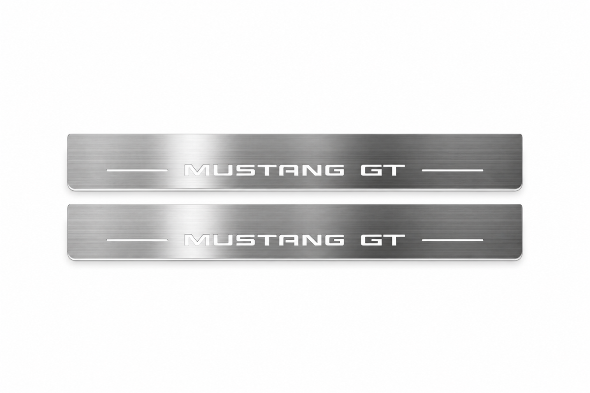 Product visualization: two exact original s650-mustang-gt flat Stainless front plates; all source artwork retained and actual LED edges white flat brushed stainless steel door sill plates with white LED artwork and edges, white background.