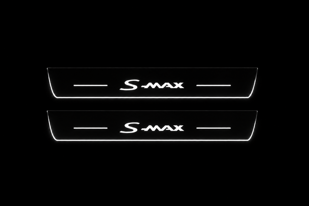 Product visualization: two flat S-Max front sill plates with original exact typography and bars. Black night background, unlit stainless face nearly hidden, white illuminated artwork, bars and real side/end edges with soft glow.