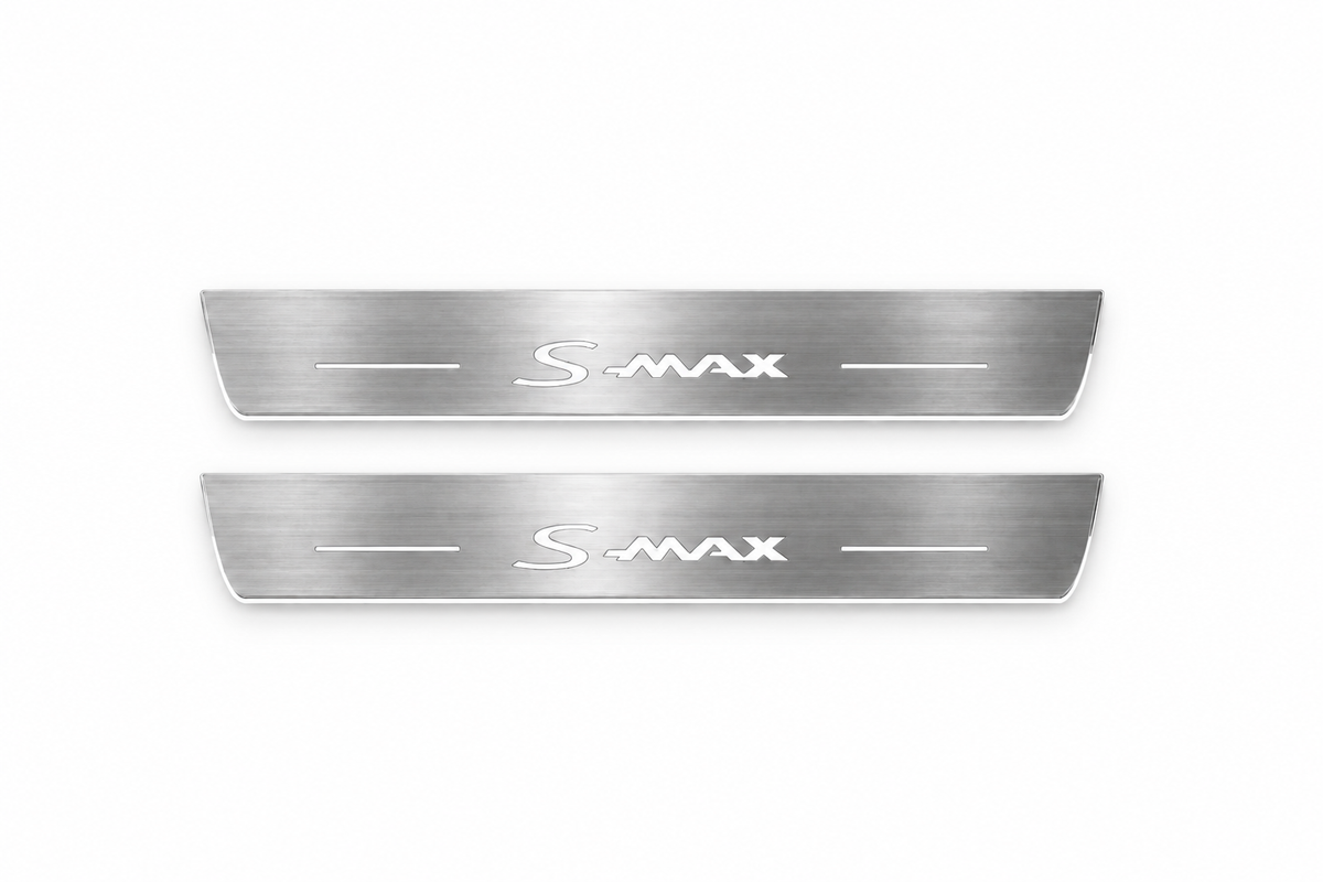 Product visualization: two Ford S-Max FRONT flat brushed stainless steel door sill plates with white LED artwork and edges, white background.