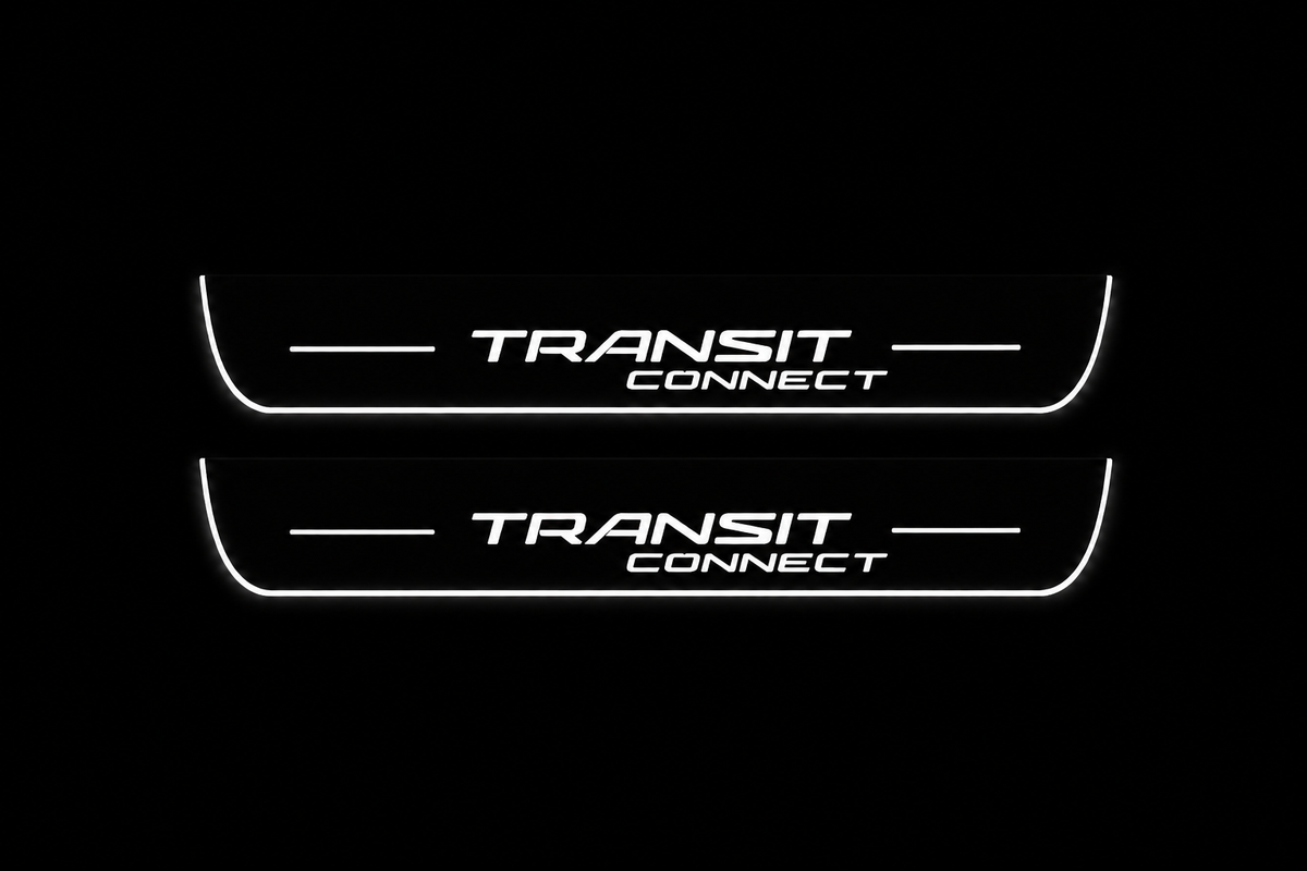 Product visualization: two flat front plates with original TRANSIT over CONNECT two-line logo and side bars flat brushed stainless steel door sill plates with white LED artwork and edges, dark background.