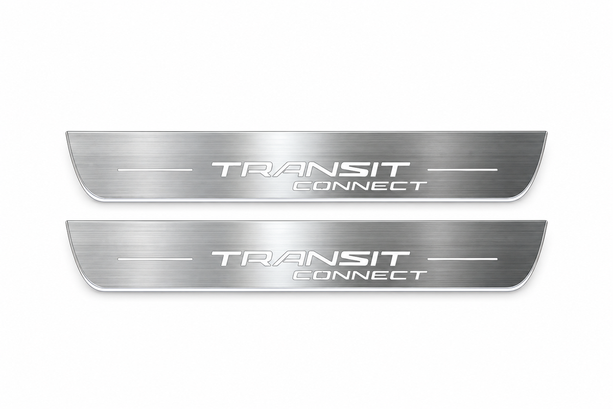 Product visualization: two flat front plates with original TRANSIT over CONNECT two-line logo and side bars flat brushed stainless steel door sill plates with white LED artwork and edges, white background.