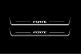 Two long door sill plates with Forte lettering and edges illuminated in white, straight-on view on a dark background.