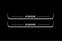 Two long door sill plates with Forte lettering and edges illuminated in white, straight-on view on a dark background.