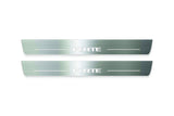 Two long silver-finished door sill plates with Forte lettering on a light background, straight-on view.