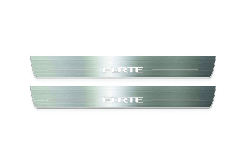 Two long silver-finished door sill plates with Forte lettering on a light background, straight-on view.