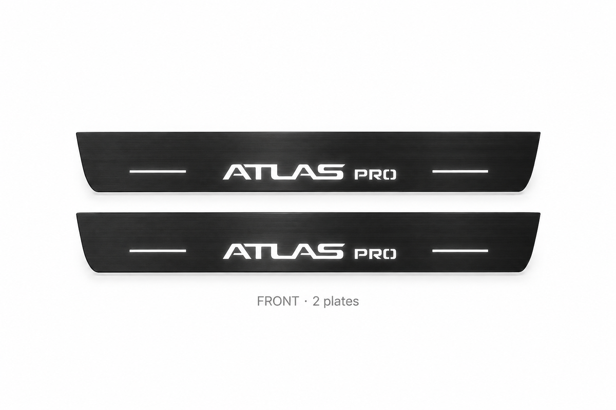 Geely Atlas Pro Matte PRO catalogue illustration: two flat black FRONT plates with illuminated ATLAS PRO lettering on white background