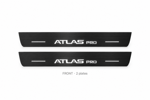 Geely Atlas Pro 2022–2026 — Matte PRO LED Door Sills — Atlas Pro Logo