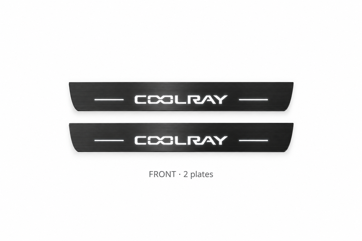 Geely Coolray Matte PRO catalogue illustration: two flat black FRONT plates with illuminated COOLRAY lettering on white background