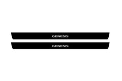 Catalog illustration of two black front door sill plates with Genesis lettering.