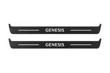 Matte PRO catalogue illustration showing two FRONT plates with illuminated Genesis lettering on a white background; Genesis G80 I dimensions are selected during manufacture; rear plates are not pictured.